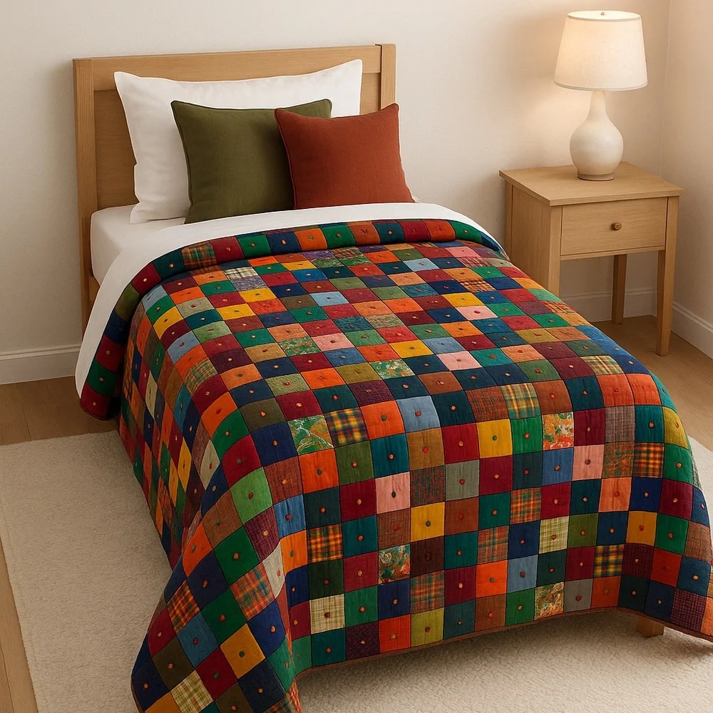 HAND MADE OVERSIZED TWIN QUILT 54.5 x 79.5 VINTAGE BOHO CABIN FARMHOUSE